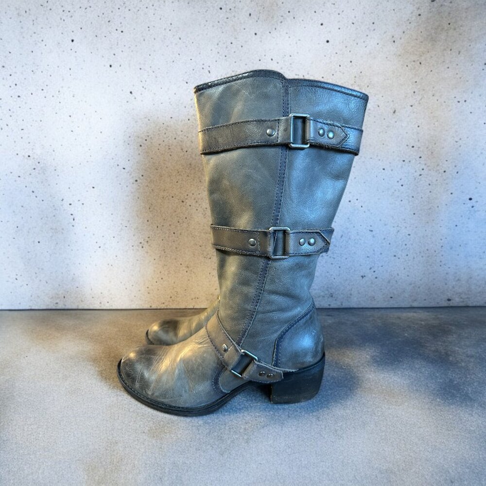Nurture Dorado Women's Mid Calf Gray Leather Triple Harness Moto Boots Size 6.5